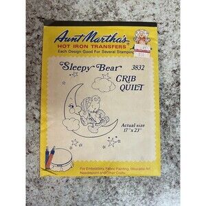 Sleepy Bear on Moon Crib Quilt Aunt Martha's Hot Iron Embroidery Transfers #3832